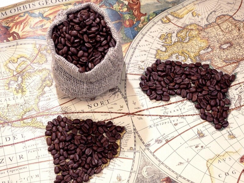 coffee beans on world map
