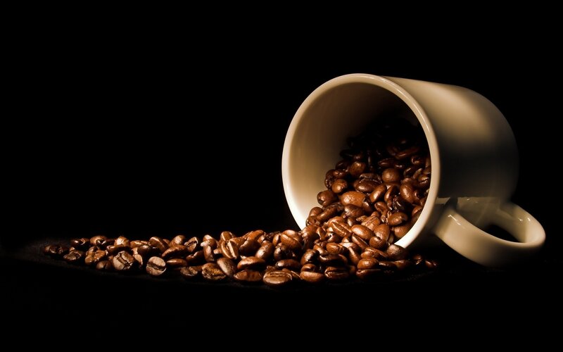 Coffee Beans Spilling — Brown, Dramatic, Photograph, Cup, Dark Surface