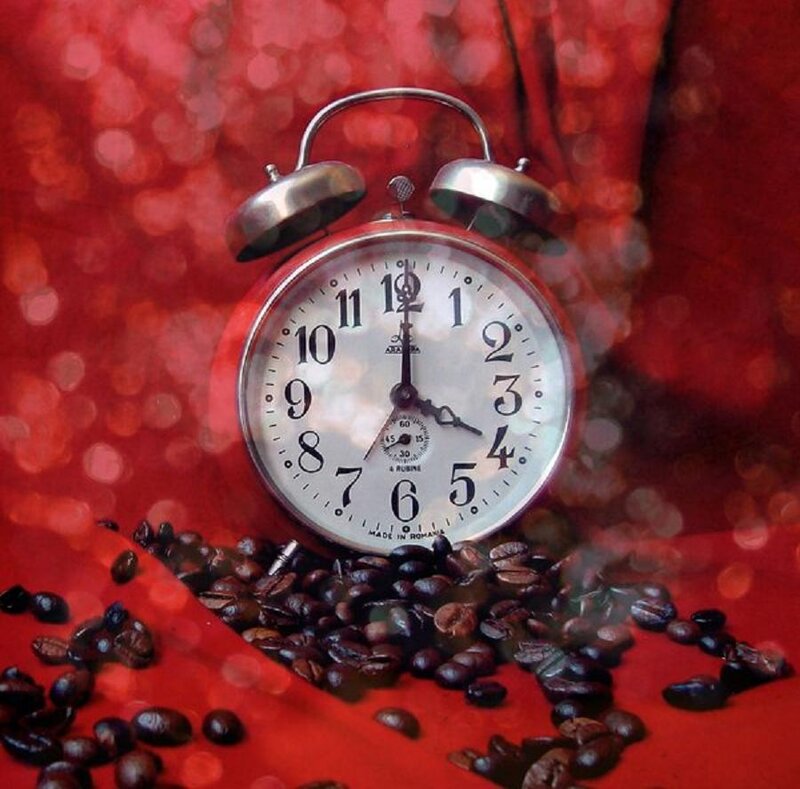 coffee beans with alarm clock