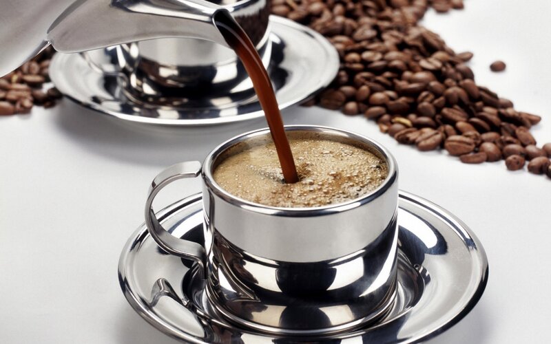 Coffee Being Poured — Brown, Calm, Photograph, Coffee Beans, Metal Cup