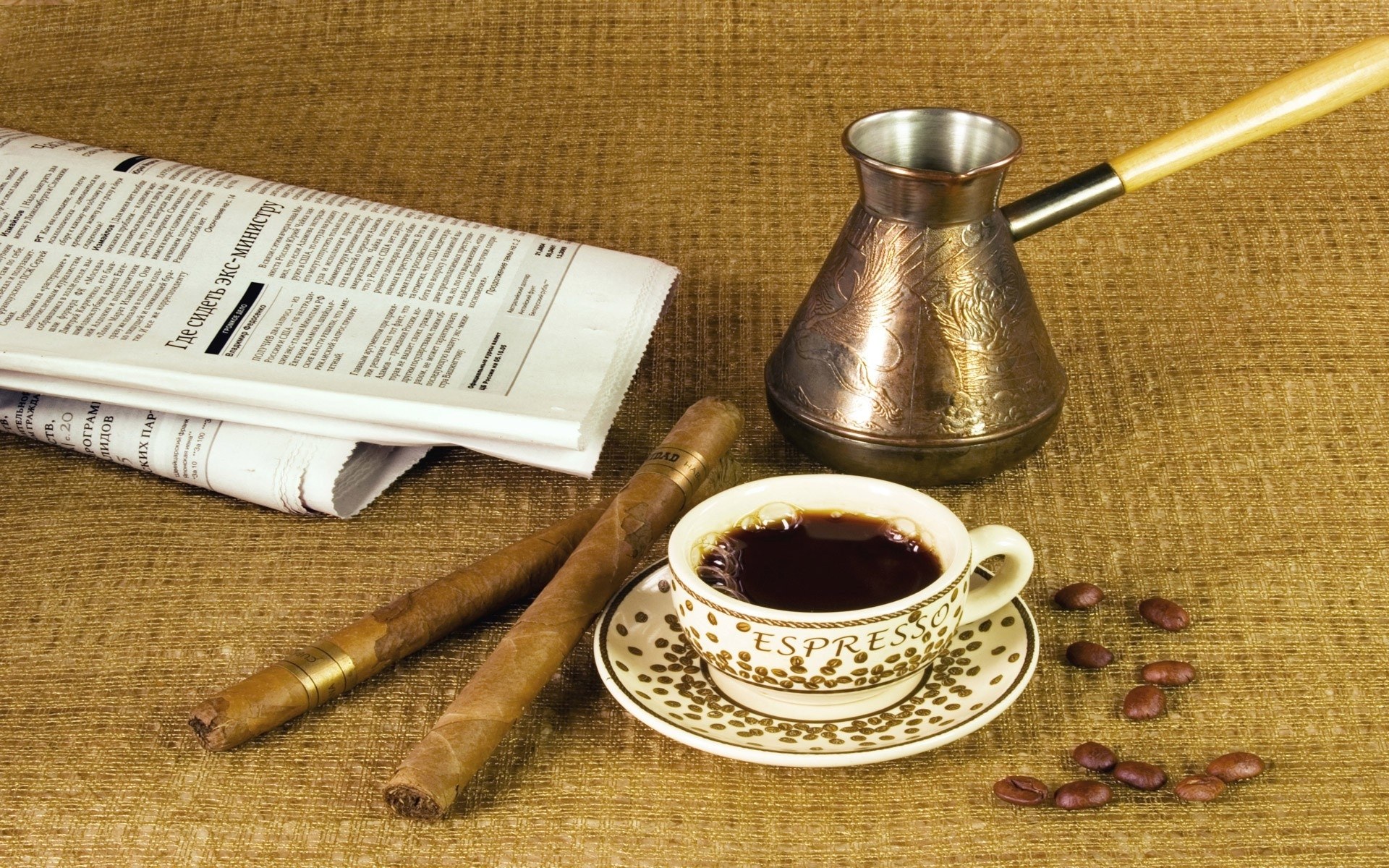 Coffee, cigars, and newspaper