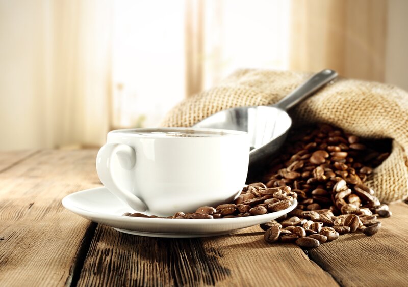 Coffee Cup and Beans — Brown, Calm, Morning, Photograph, Scoop