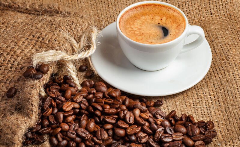 Coffee Cup and Beans — Brown, Calm, Photograph, Saucer, Burlap Sack
