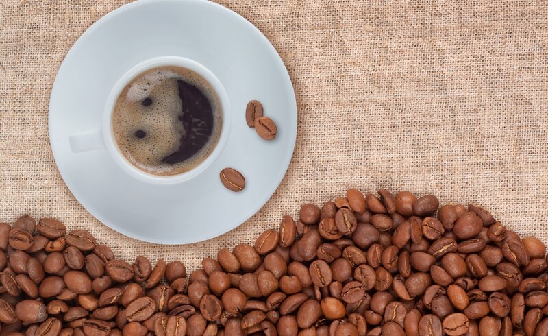 Coffee Cup and Beans — Brown, Calm, Photograph, Saucer, Coffee Beans, Burlap