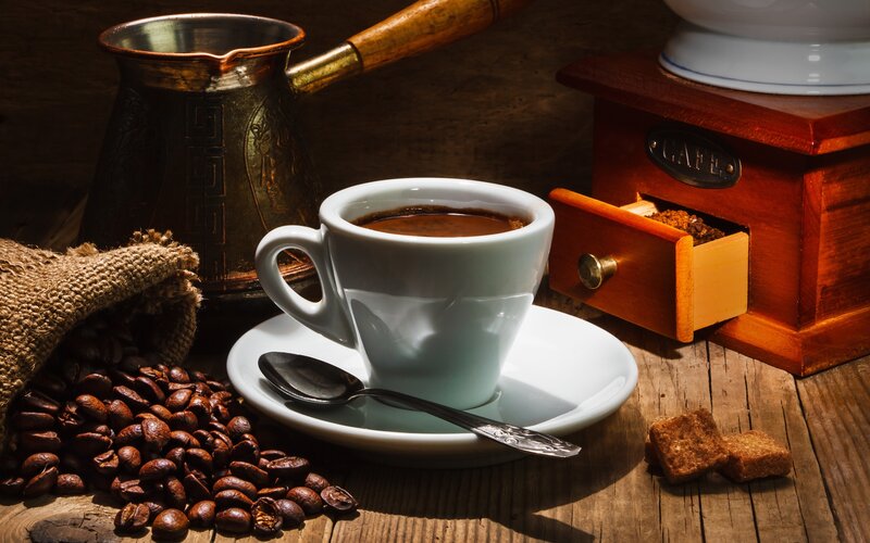 Coffee Cup and Beans — Brown, Dramatic, Photograph, Coffee Beans, Cezve