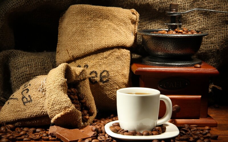 Coffee Cup and Beans — Brown, Dramatic, Photograph, Sack