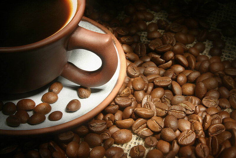 Coffee Cup and Beans — Brown, Dramatic, Photograph, Saucer