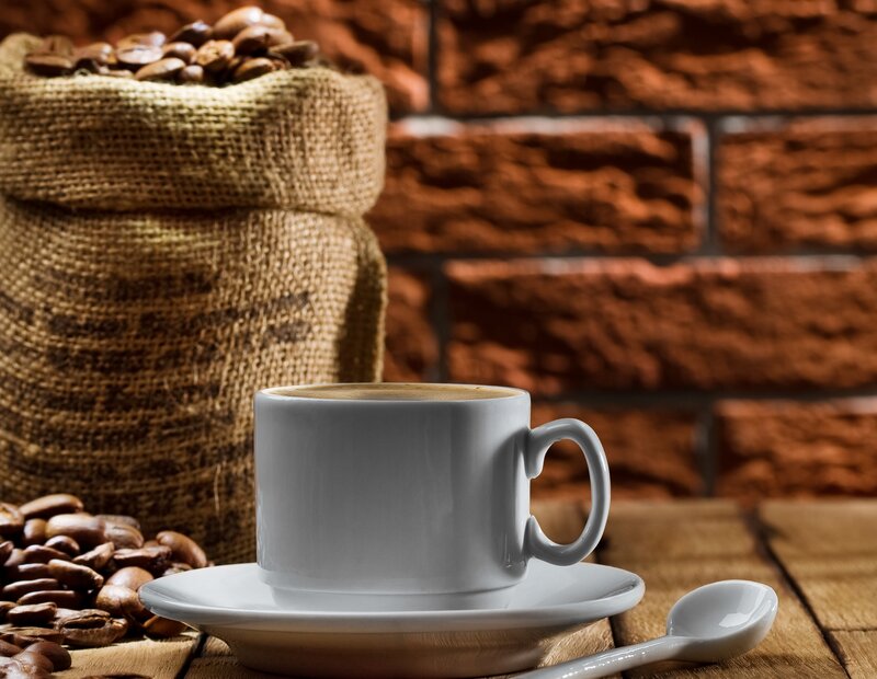 Coffee Cup and Beans — Brown, Warm, Photograph, Sack