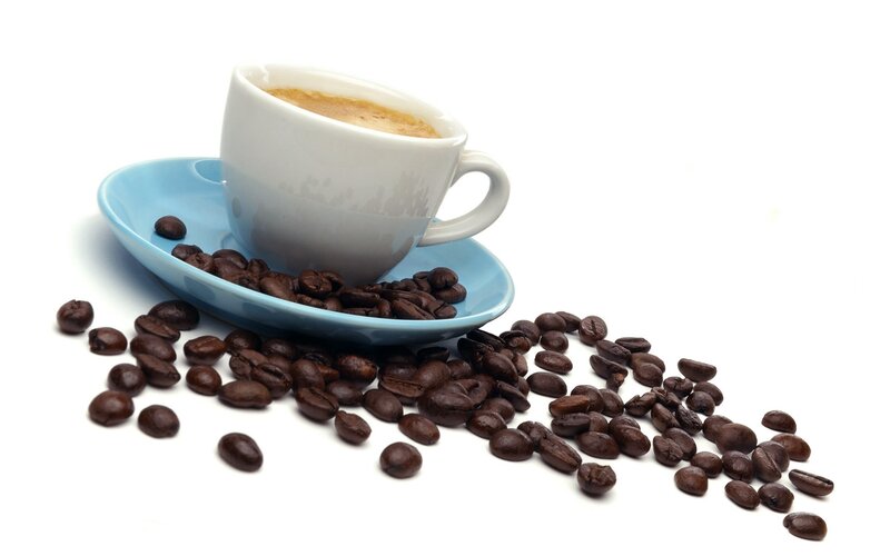 Coffee Cup and Beans — White, Calm, Photograph, Saucer, Coffee Beans, Blue