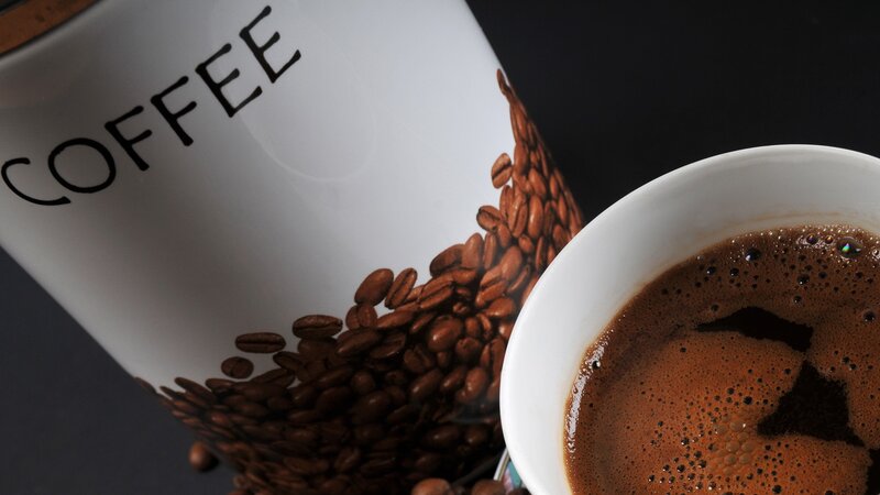 Coffee Cup and Beans — White, Dramatic, Photograph