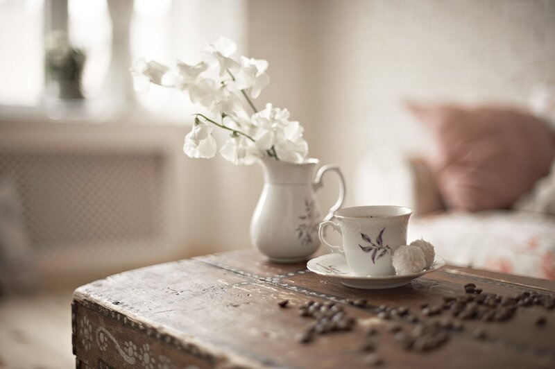 Coffee Cup and Flowers — White