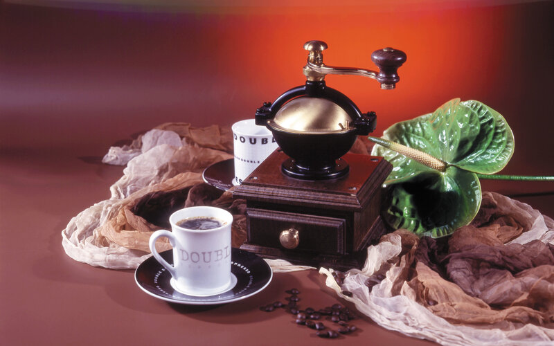 Coffee Cup and Grinder — Brown, Dramatic