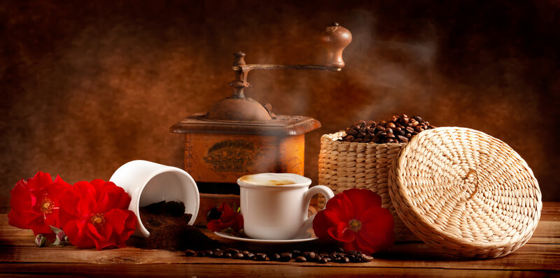 Coffee Cup and Grinder — Brown, Warm, Photograph
