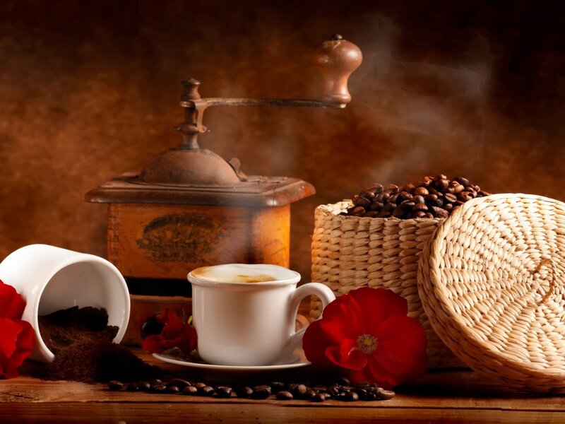 Coffee Cup and Grinder — Brown, Warm