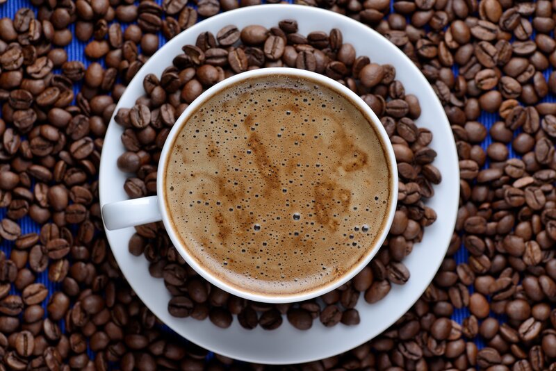 Coffee Cup on Beans — Brown, Calm, Photograph, Coffee Beans, Saucer, Blue Surface