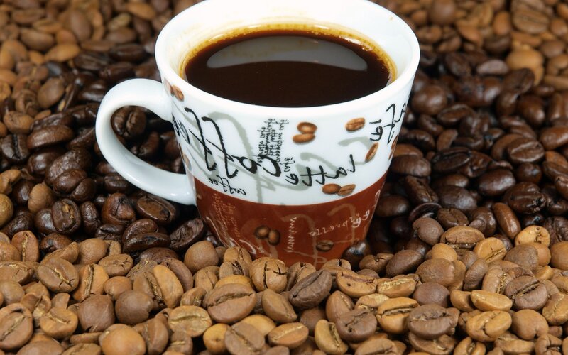Coffee Cup on Beans — Brown, Calm, Photograph, Coffee Beans, White