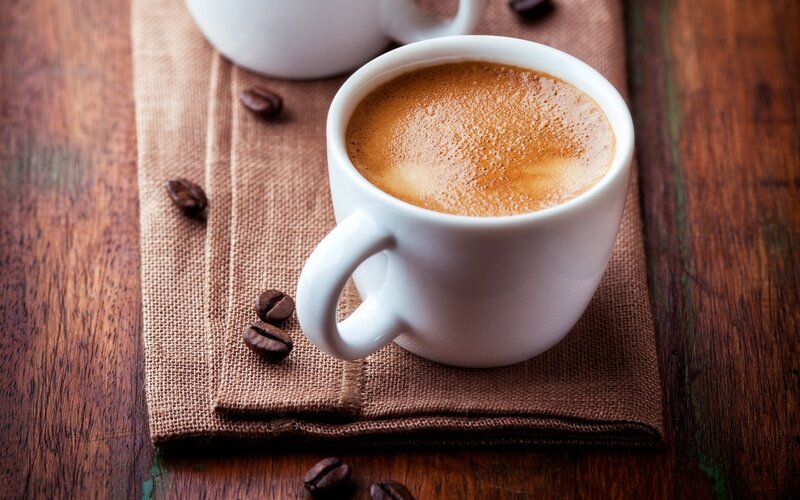 Coffee Cup on Burlap — Brown, Calm, Photograph, Coffee Beans