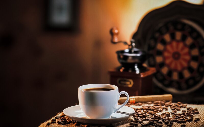 Coffee Cup on Burlap — Brown, Cozy, Night