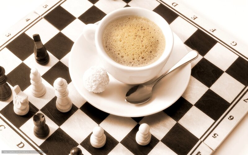 Coffee Cup on Chessboard — Black, Calm, Photograph