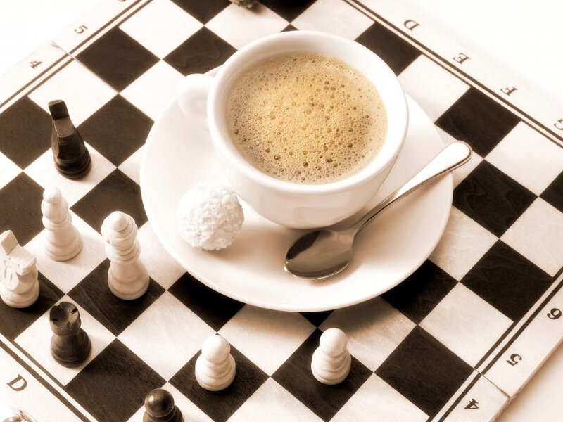 Coffee Cup on Chessboard — Black, Calm