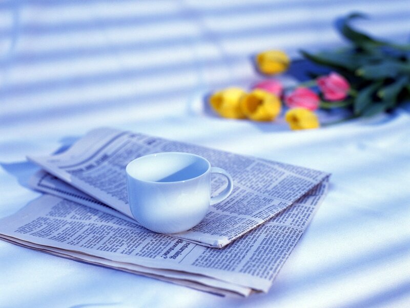 Coffee Cup on Newspaper — Blue, Serene