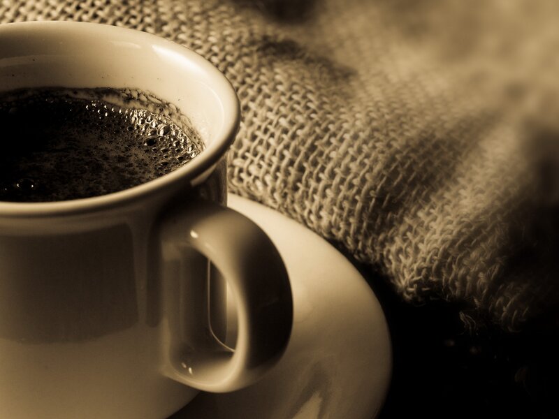 Coffee Cup on Saucer — Brown, Calm, Photograph, Burlap