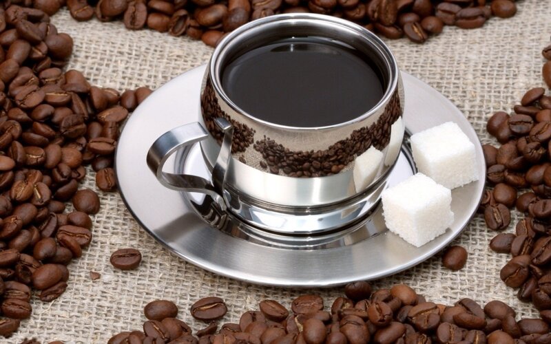 Coffee Cup on Saucer — Brown, Calm, Photograph, Coffee Beans, Sugar Cubes, Burlap