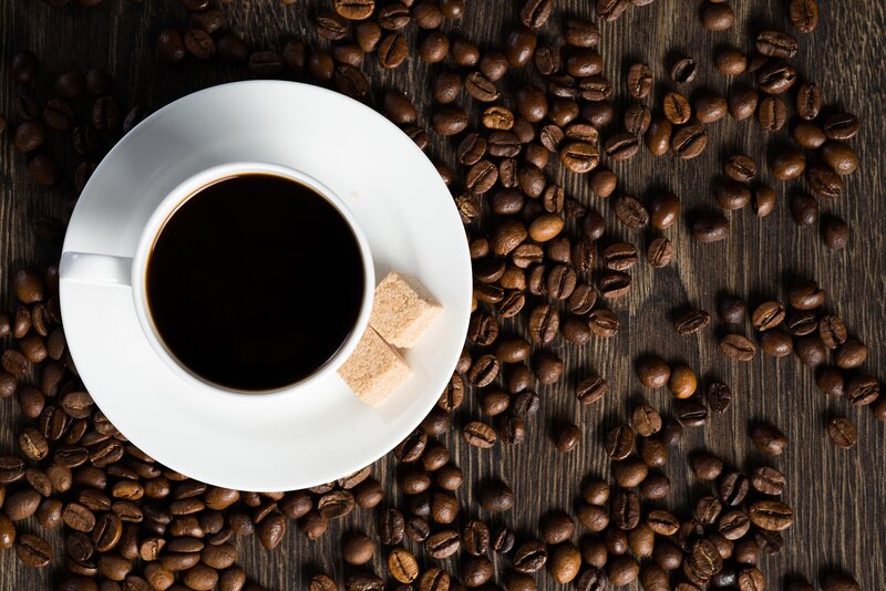 Coffee Cup on Saucer — Brown, Calm, Photograph, Coffee Beans, Sugar Cubes