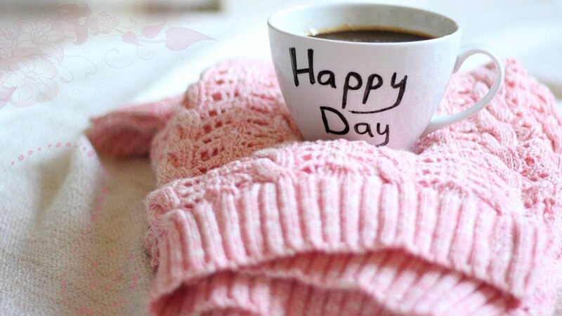 Coffee Cup on Sweater — Pink, Cozy, Morning
