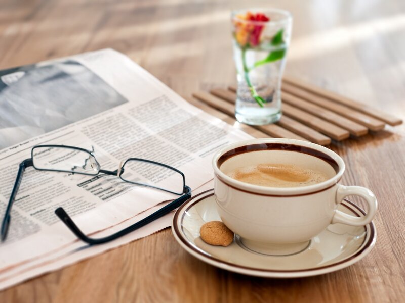 Coffee Cup on Table — Brown, Calm, Morning, Photograph, Newspaper, Glasses