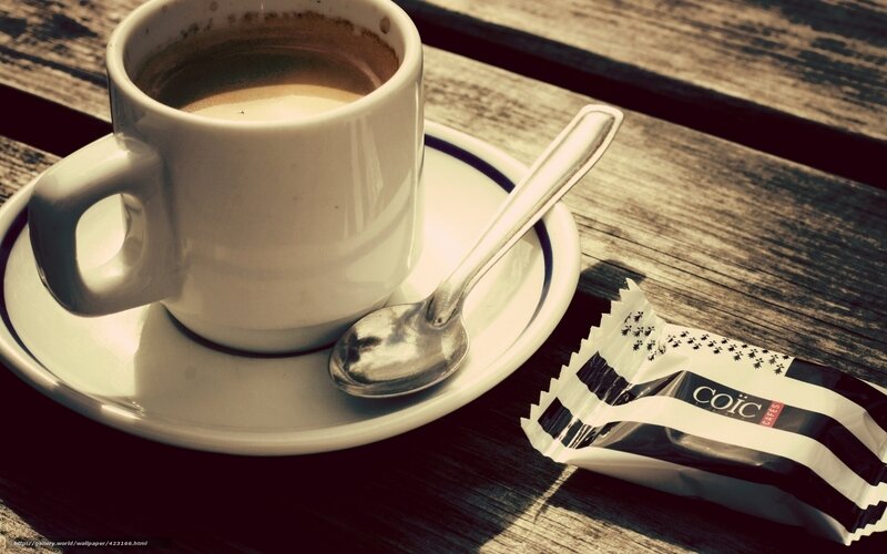 Coffee Cup on Table — Brown, Calm, Morning, Photograph, Saucer, Spoon, Sugar Packet