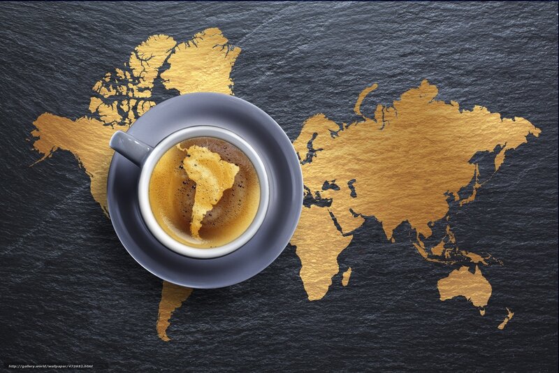 coffee cup on world map