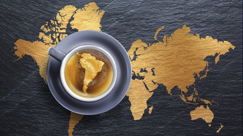 Coffee Cup on World Map — Black, Calm, Photograph