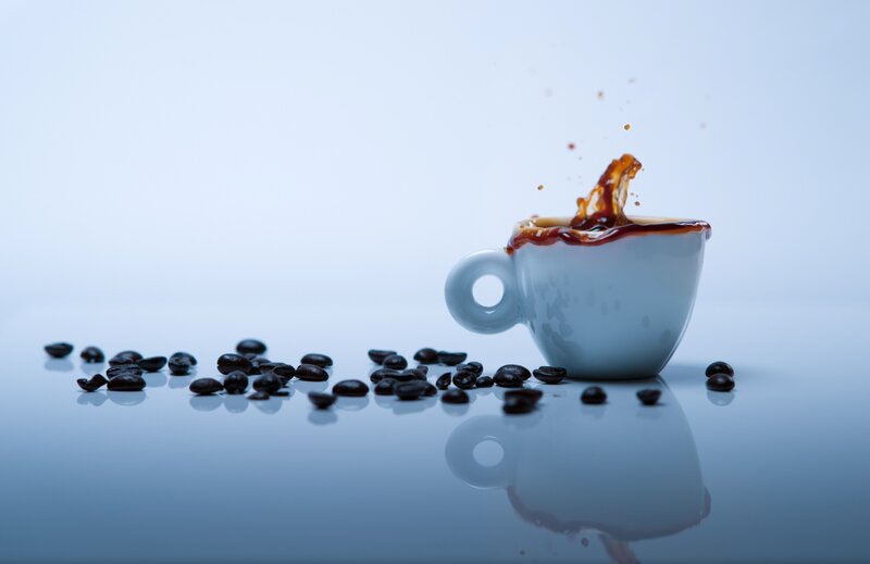 Coffee Cup Splashing — White, Dynamic, Photograph, Coffee Beans, Splashing Liquid