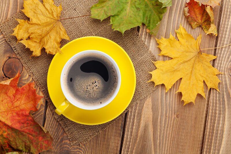 Coffee Cup with Autumn Leaves — Yellow, Cozy