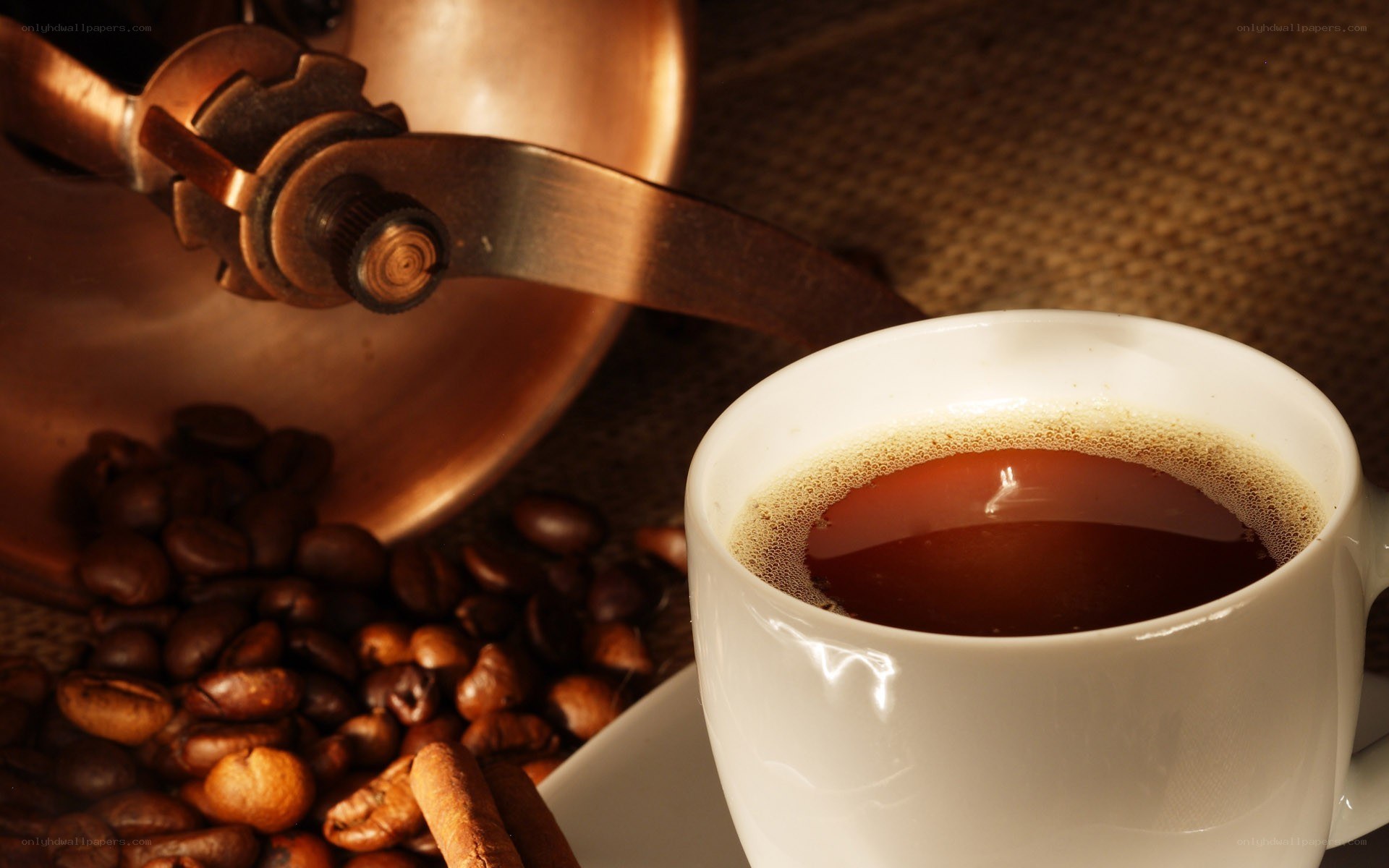 coffee cup with beans and grinder