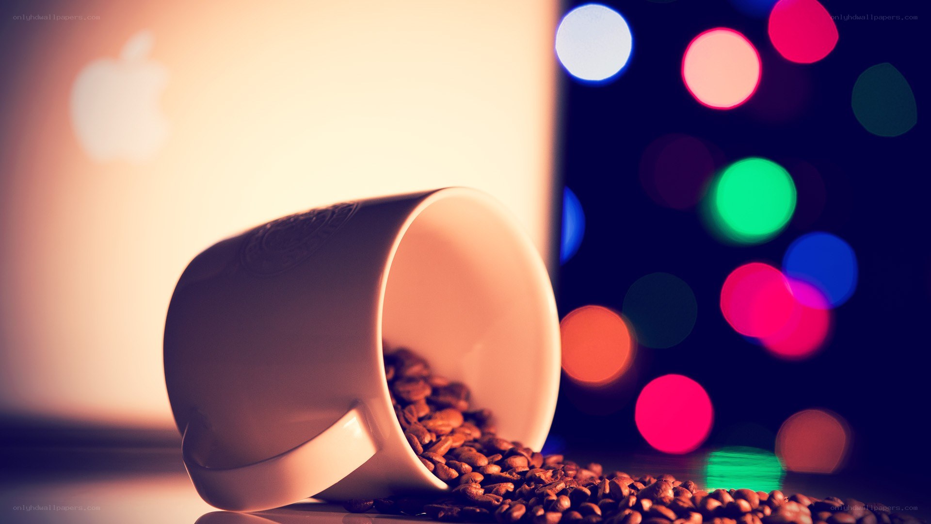 coffee cup with beans and lights