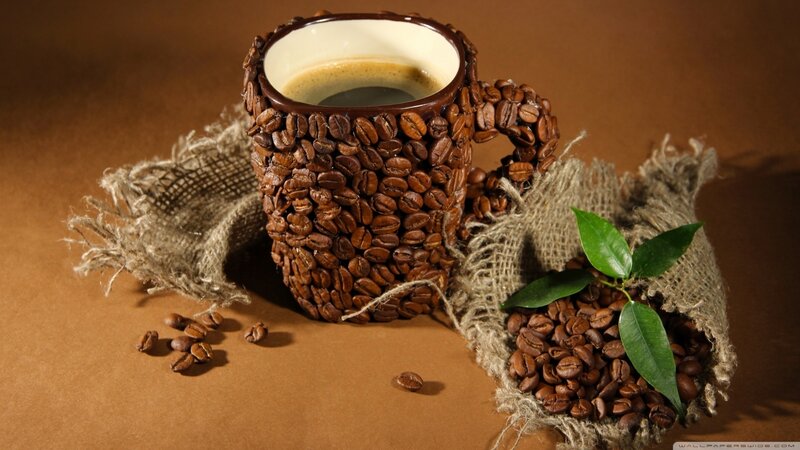 Coffee Cup with Beans — Brown, Calm, Photograph, Coffee Beans, Burlap Sack
