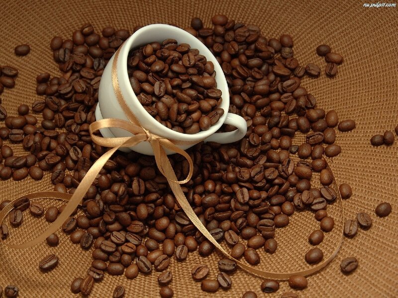 Coffee Cup with Beans — Brown, Calm, Photograph, Coffee Beans, Ribbon, Mat