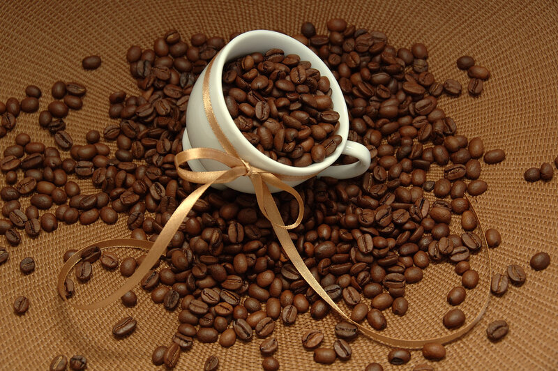 Coffee Cup with Beans — Brown, Calm, Photograph, Coffee Beans, Ribbon, Woven Surface