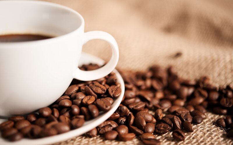 Coffee Cup with Beans — Brown, Calm, Photograph, Coffee Beans, Saucer, Burlap