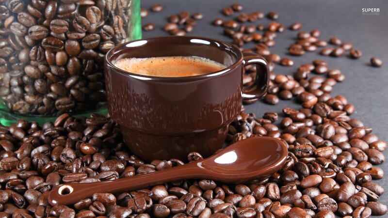 Coffee Cup with Beans — Brown, Calm, Photograph, Coffee Beans, Spoon, Jar