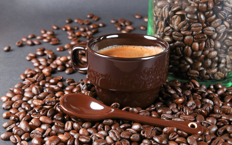 Coffee Cup with Beans — Brown, Calm, Photograph, Coffee Beans, Spoon