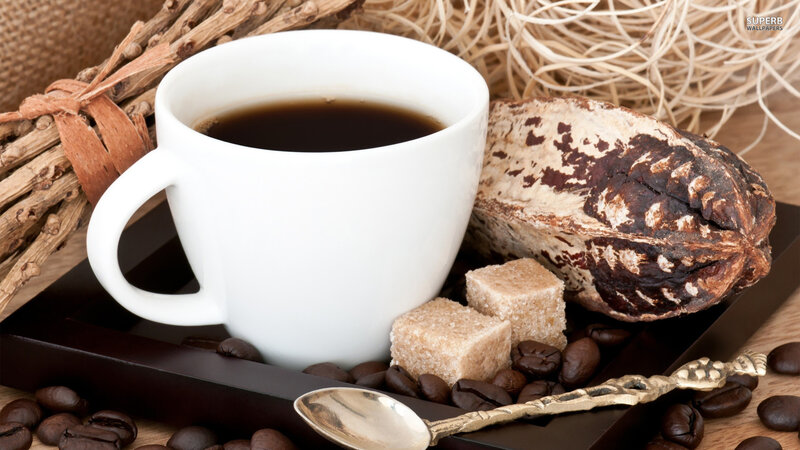 Coffee Cup with Beans — Brown, Calm, Photograph, Coffee Beans, Sugar Cubes, Cocoa Pod
