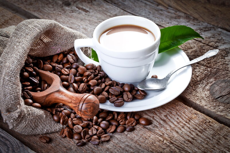 Coffee Cup with Beans — Brown, Calm, Photograph, Coffee Beans, Wooden Scoop, Sack
