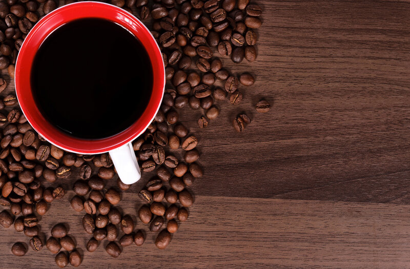 Coffee Cup with Beans — Brown, Calm, Photograph, Coffee Beans, Wooden Surface