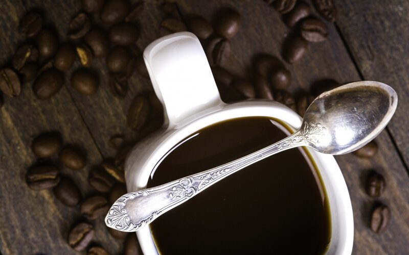 Coffee Cup with Beans — Brown, Calm, Photograph, Spoon, Coffee Beans