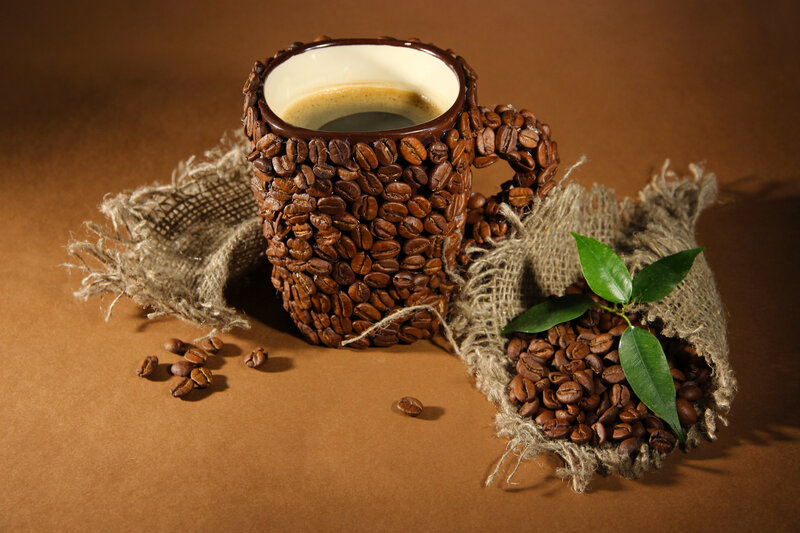 Coffee Cup with Beans — Brown, Dramatic, Photograph, Coffee Beans, Burlap Sack