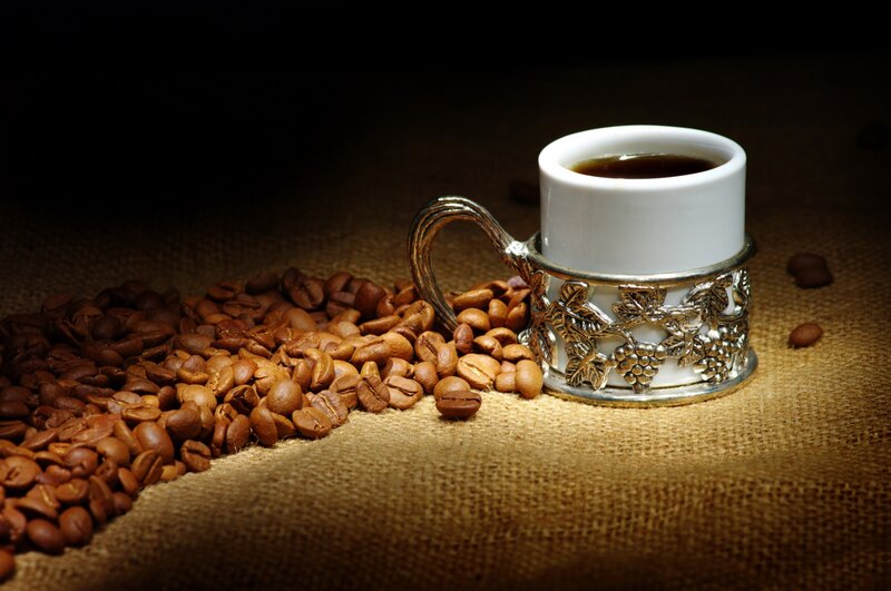 Coffee Cup with Beans — Brown, Dramatic, Photograph, Coffee Beans, Burlap