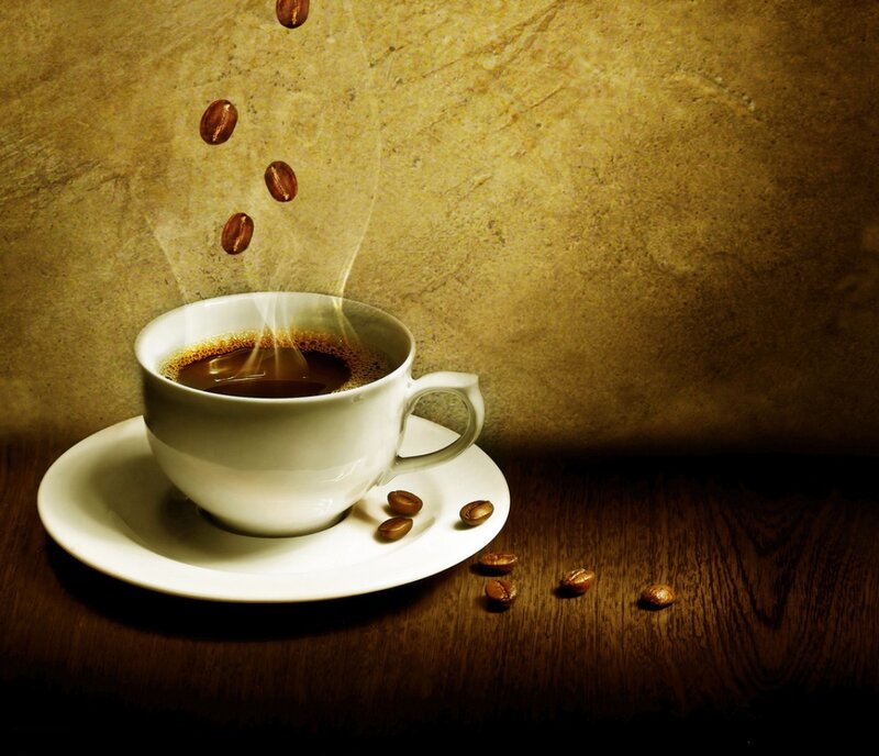 Coffee Cup with Beans — Brown, Dramatic, Photograph, Coffee Beans, Steam